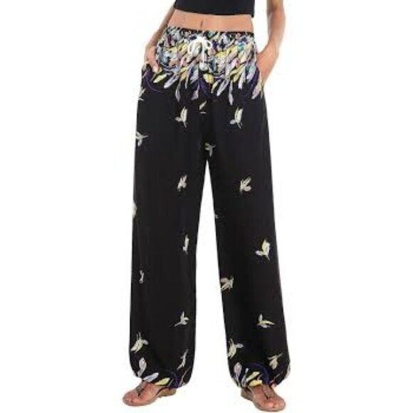 Urban Coco Pants - Urban Coco Womens Black Feather Print Elastic Waist Drawstring Pants Size M